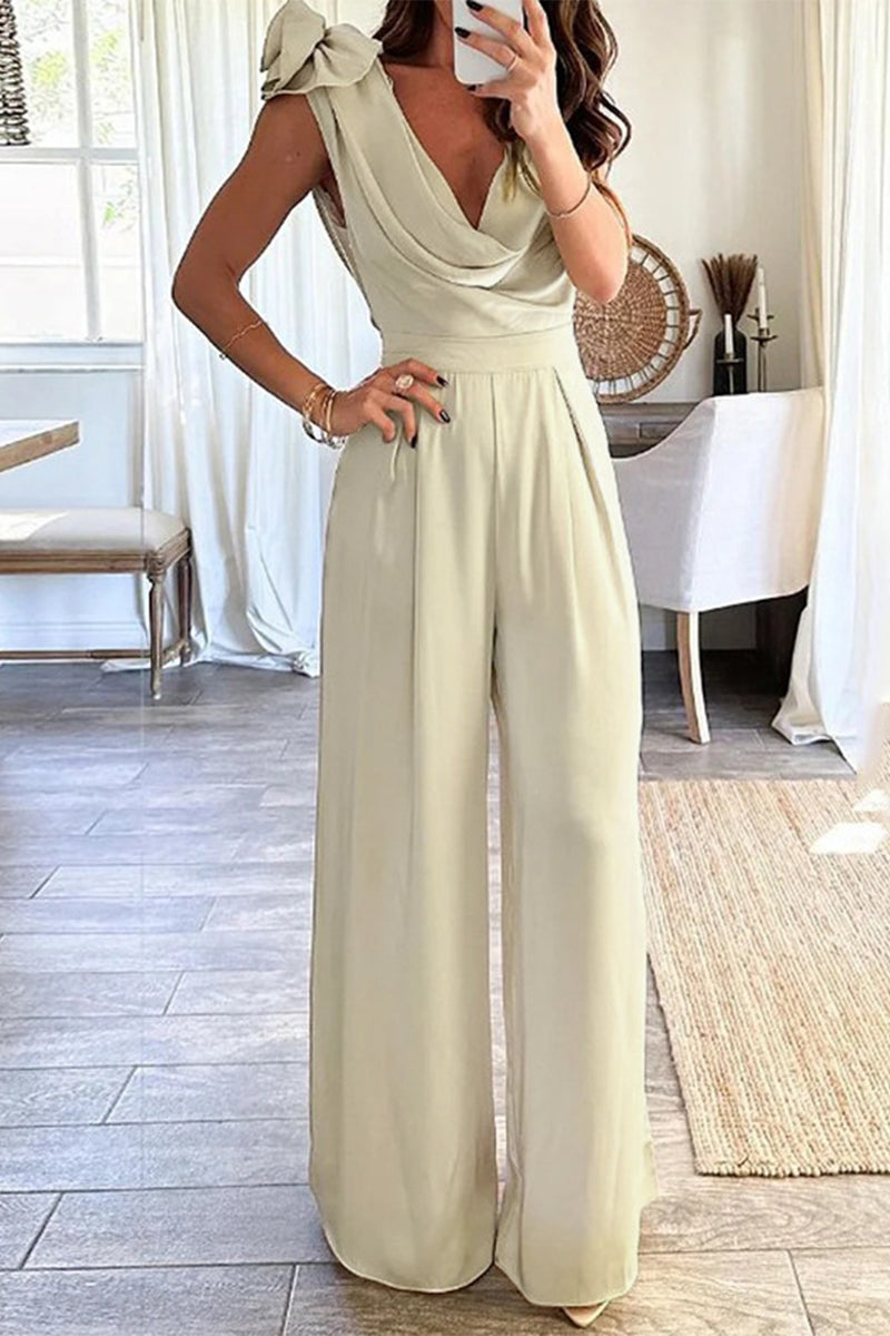 Sexy Solid Asymmetrical Scarf Collar Jumpsuits Apricot