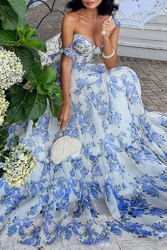 Elegant Formal Print Flowers Bandage Off the Shoulder Princess Dresses Blue