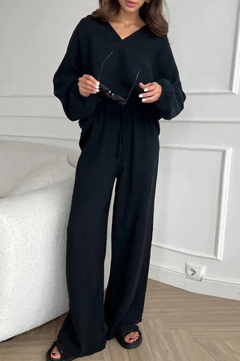 Casual Simplicity Solid Frenulum Turndown Collar Long Sleeve Two Pieces Black