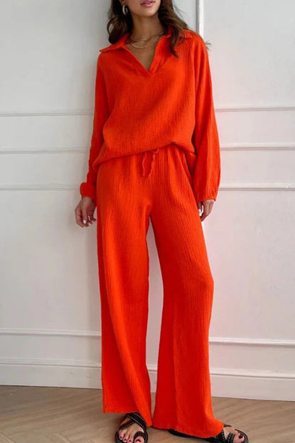 Casual Simplicity Solid Frenulum Turndown Collar Long Sleeve Two Pieces Orange Red