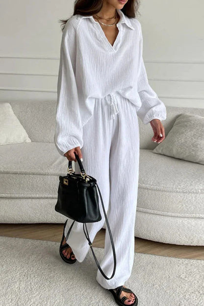 Casual Simplicity Solid Frenulum Turndown Collar Long Sleeve Two Pieces White