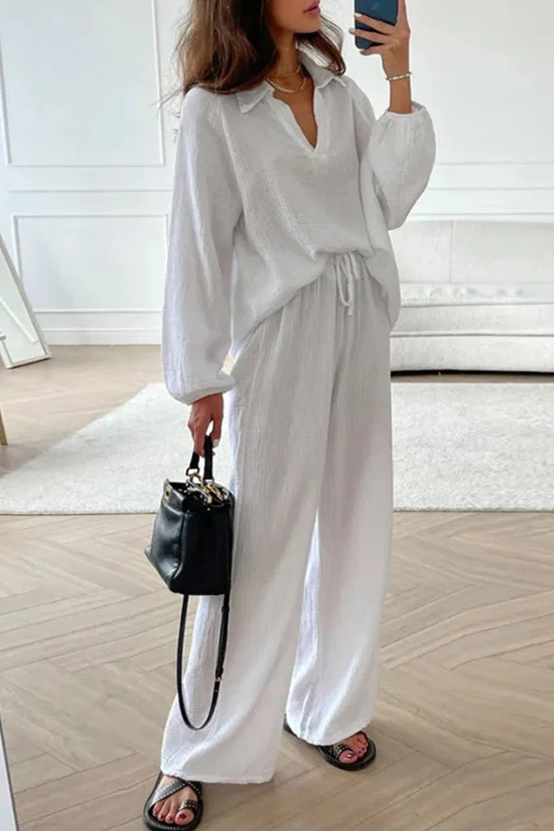 Casual Simplicity Solid Frenulum Turndown Collar Long Sleeve Two Pieces