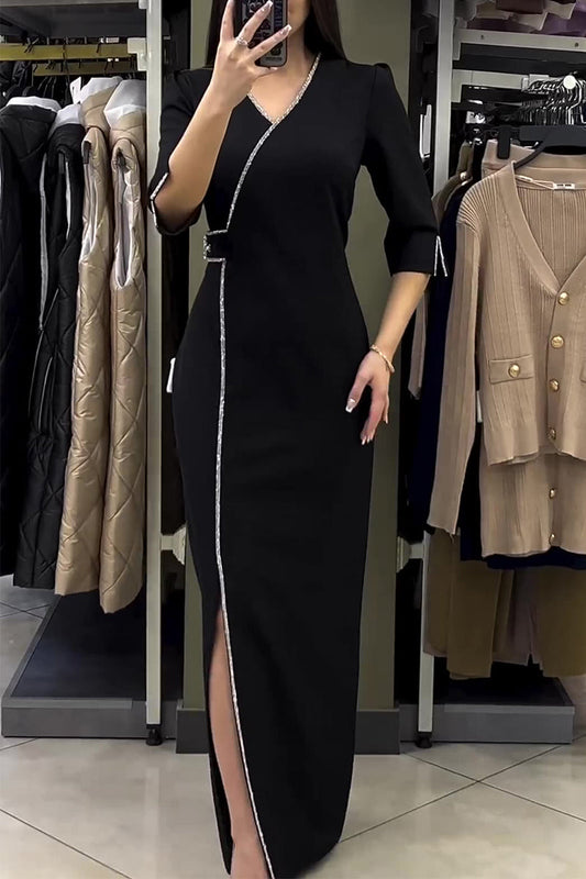 Elegant Solid Hot Drill V Neck Irregular Dress Dresses Black