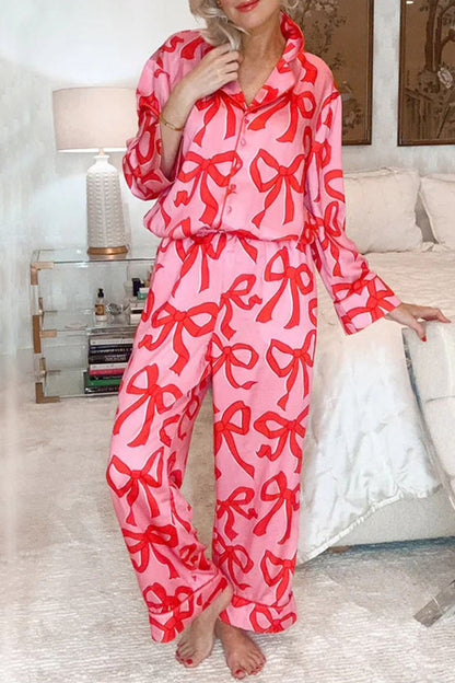 Casual Living Geometric Print Pocket Turndown Collar Long Sleeve Two Pieces Red