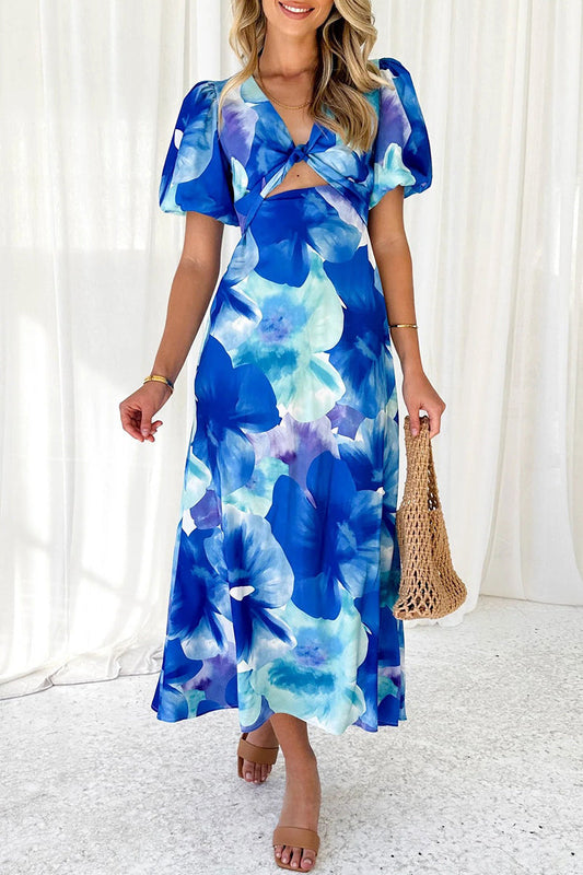 Sexy Vacation Gradual Change Print Hollowed Out V Neck A Line Dresses Blue