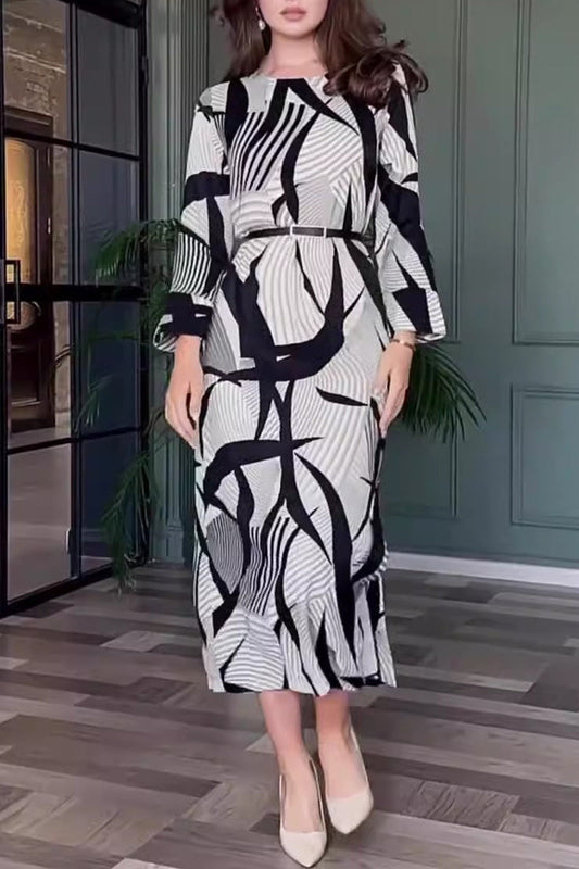 Elegant Striped Print With Belt Zipper O Neck A Line Dresses Black White