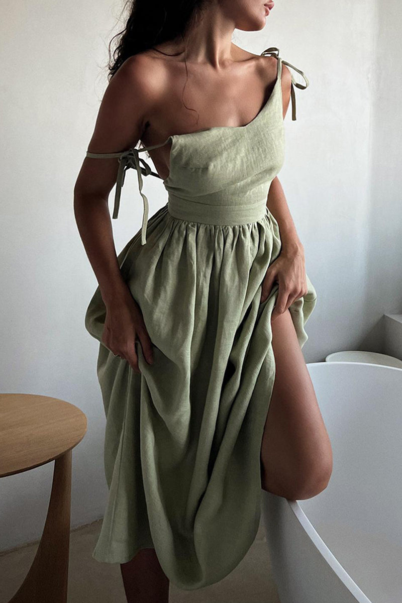 Sexy Vacation Solid Bandage Backless V Neck Beach Dress Dresses Green