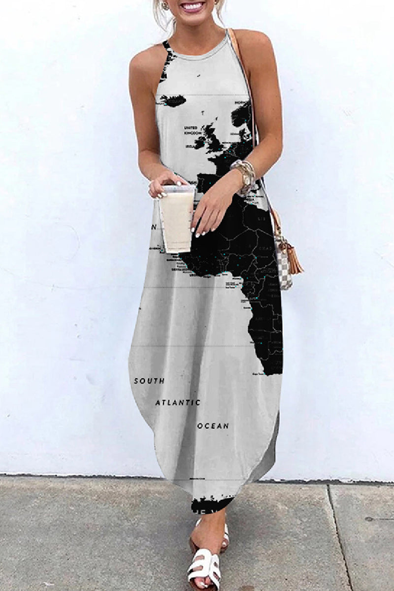 Casual Print Basic O Neck Long Dress Dresses Grey