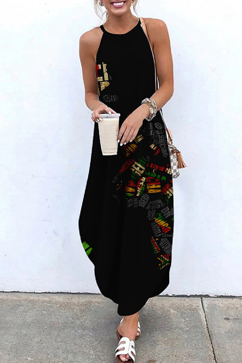 Casual Print Basic O Neck Long Dress Dresses Black