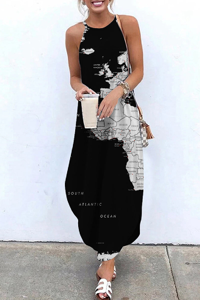 Casual Print Basic O Neck Long Dress Dresses Black Gray