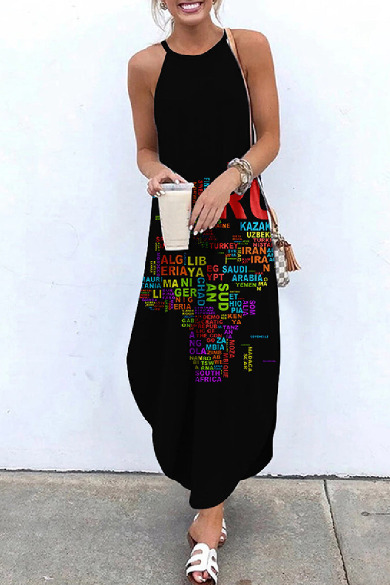 Casual Print Basic O Neck Long Dress Dresses Black Red