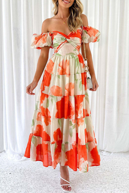 Sweet Elegant Floral Hollowed Out Off the Shoulder Printed Dress Dresses Orange Red