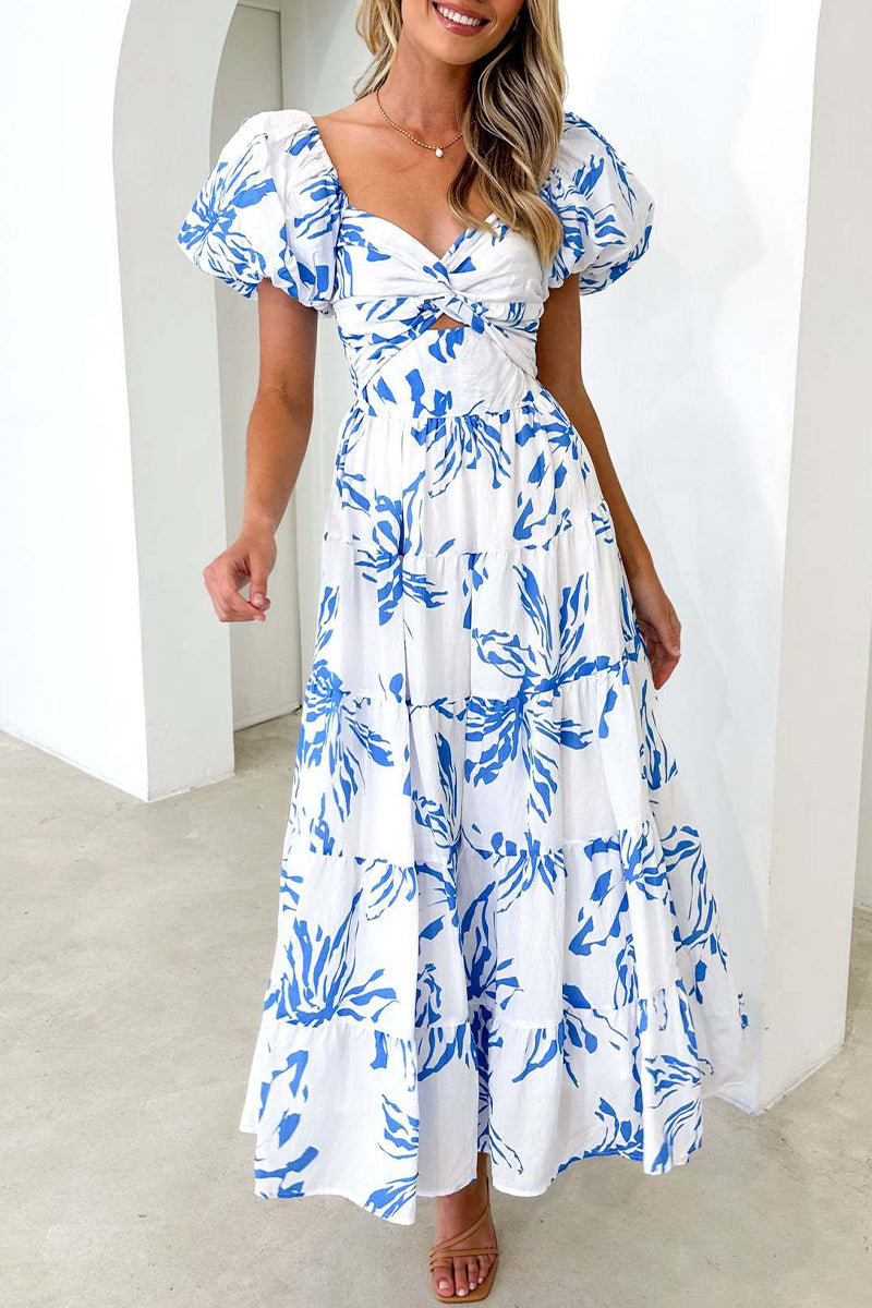 Sweet Elegant Floral Hollowed Out Off the Shoulder Printed Dress Dresses Blue White