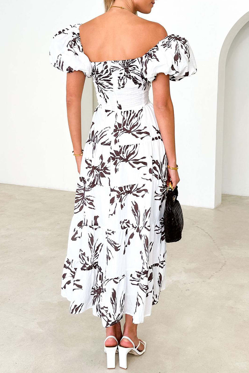 Sweet Elegant Floral Hollowed Out Off the Shoulder Printed Dress Dresses