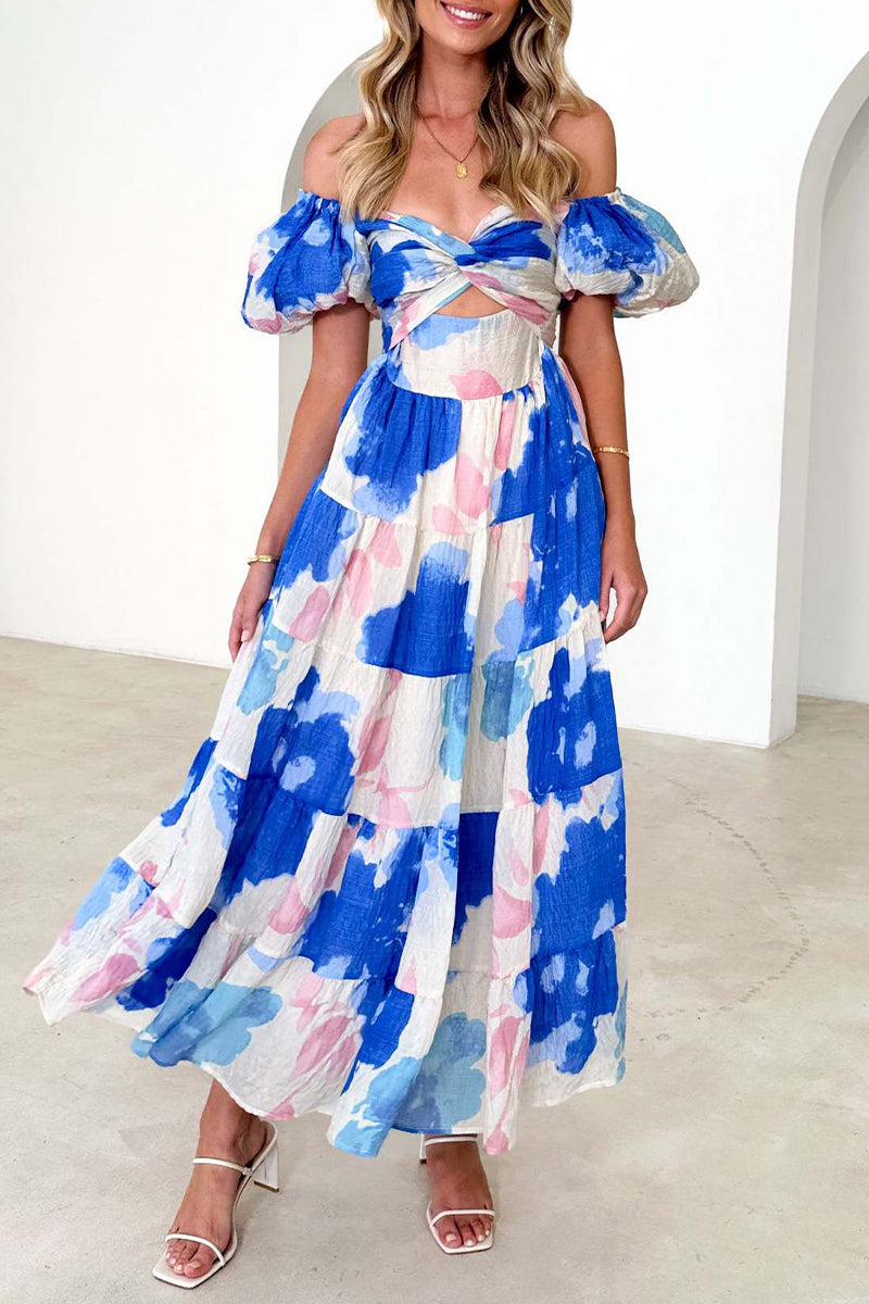 Sweet Elegant Floral Hollowed Out Off the Shoulder Printed Dress Dresses Deep Blue