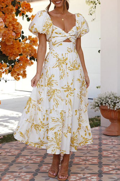 Sweet Elegant Floral Hollowed Out Off the Shoulder Printed Dress Dresses Yellow White