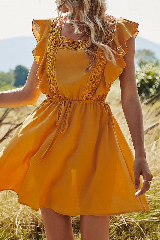 Sweet Solid Lace Square Collar A Line Dresses Yellow