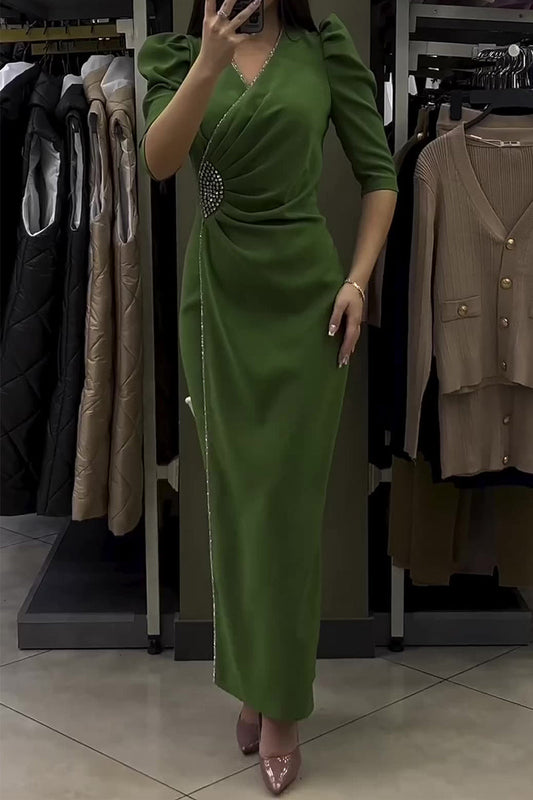 Elegant Formal Solid Hot Drill V Neck Waist Skirt Dresses Army Green