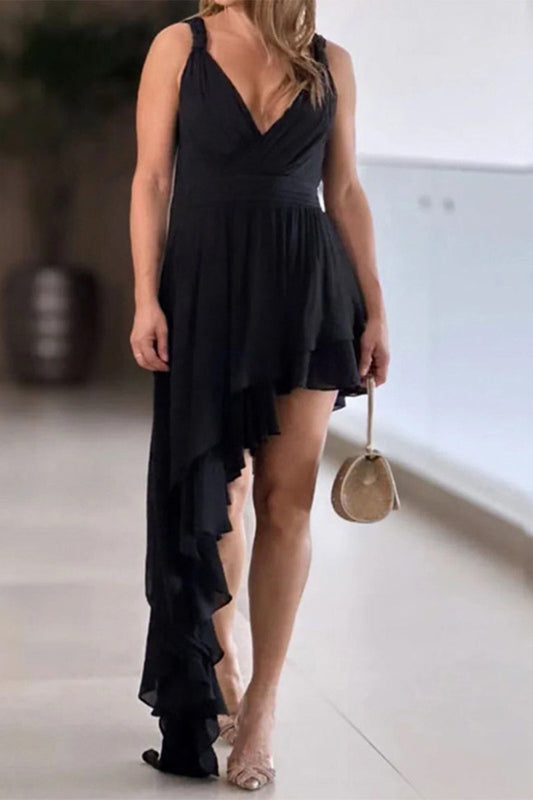 Sexy Solid Backless Asymmetrical V Neck Irregular Dress Dresses Black