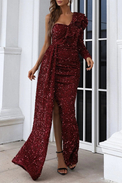 Elegant Formal Solid Sequins Slit Oblique Collar Evening Dress Dresses Burgundy