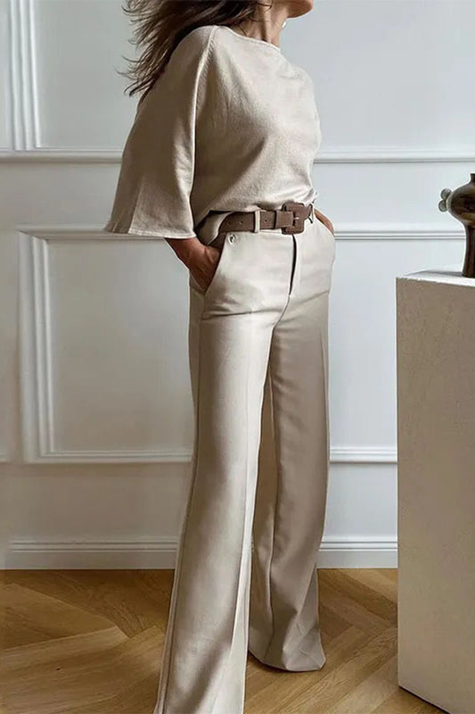 Casual Simplicity Solid O Neck Nine Points Sleeve Two Pieces(No Belt) Khaki