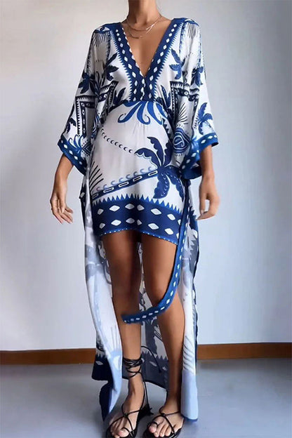 Vacation Floral Frenulum V Neck Printed Dress Dresses