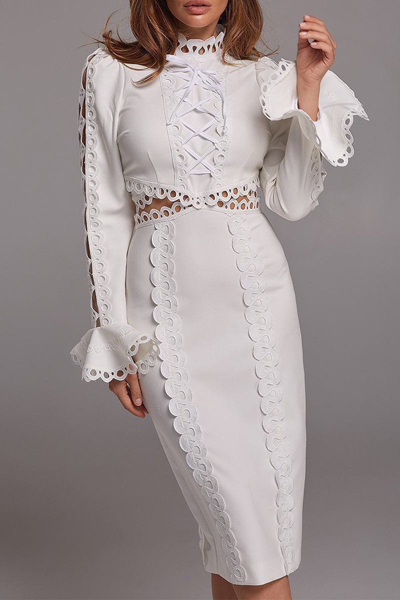 Celebrities Elegant Solid Lace Hollowed Out Turtleneck Princess Dresses White