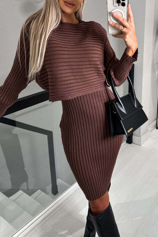 Sexy Solid O Neck Long Sleeve Two Pieces Dark Brown