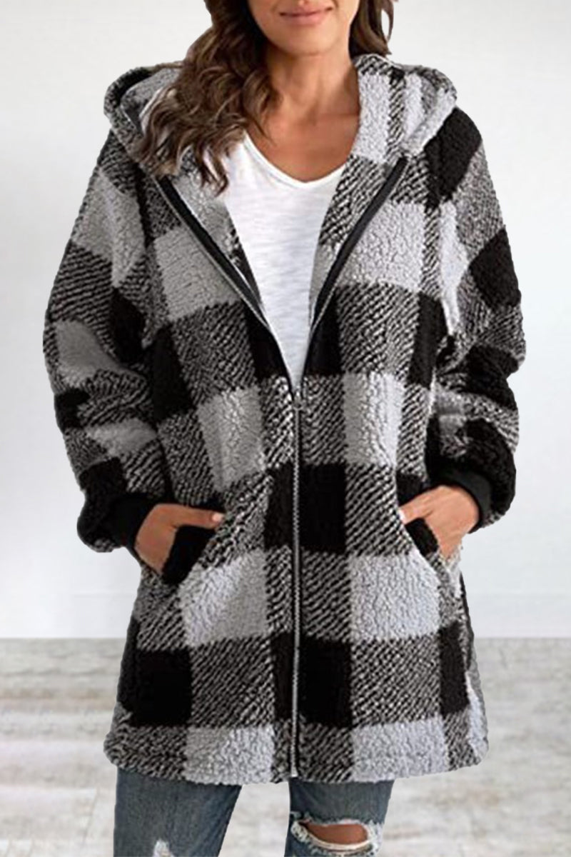 Casual Plaid Frenulum Contrast Zipper Hooded Collar Outerwear Grey