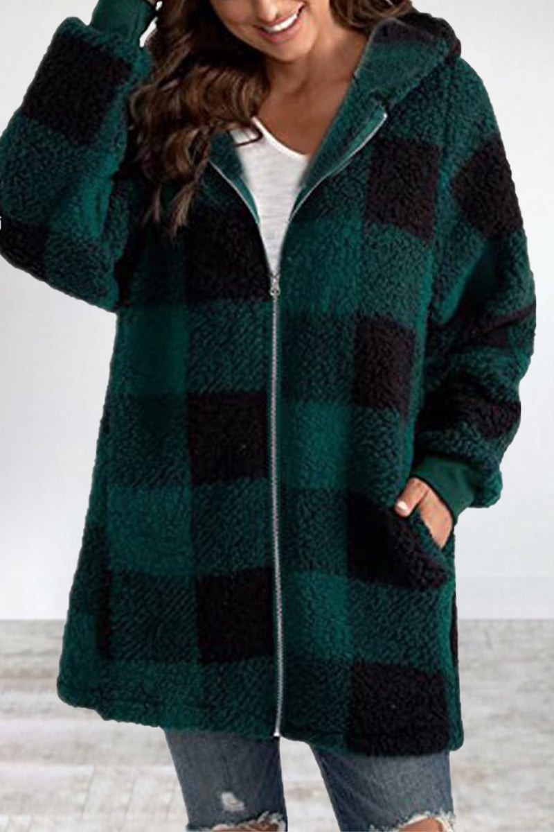 Casual Plaid Frenulum Contrast Zipper Hooded Collar Outerwear Green