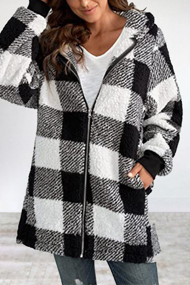 Casual Plaid Frenulum Contrast Zipper Hooded Collar Outerwear Black