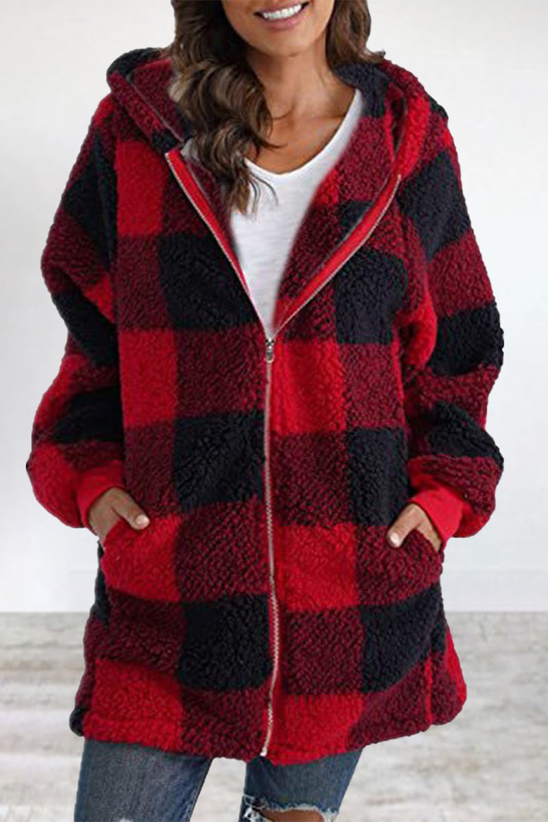 Casual Plaid Frenulum Contrast Zipper Hooded Collar Outerwear Red