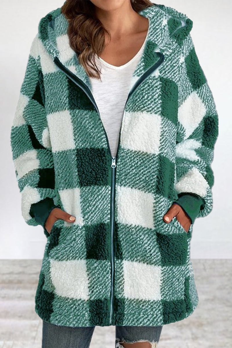 Casual Plaid Frenulum Contrast Zipper Hooded Collar Outerwear Light Green