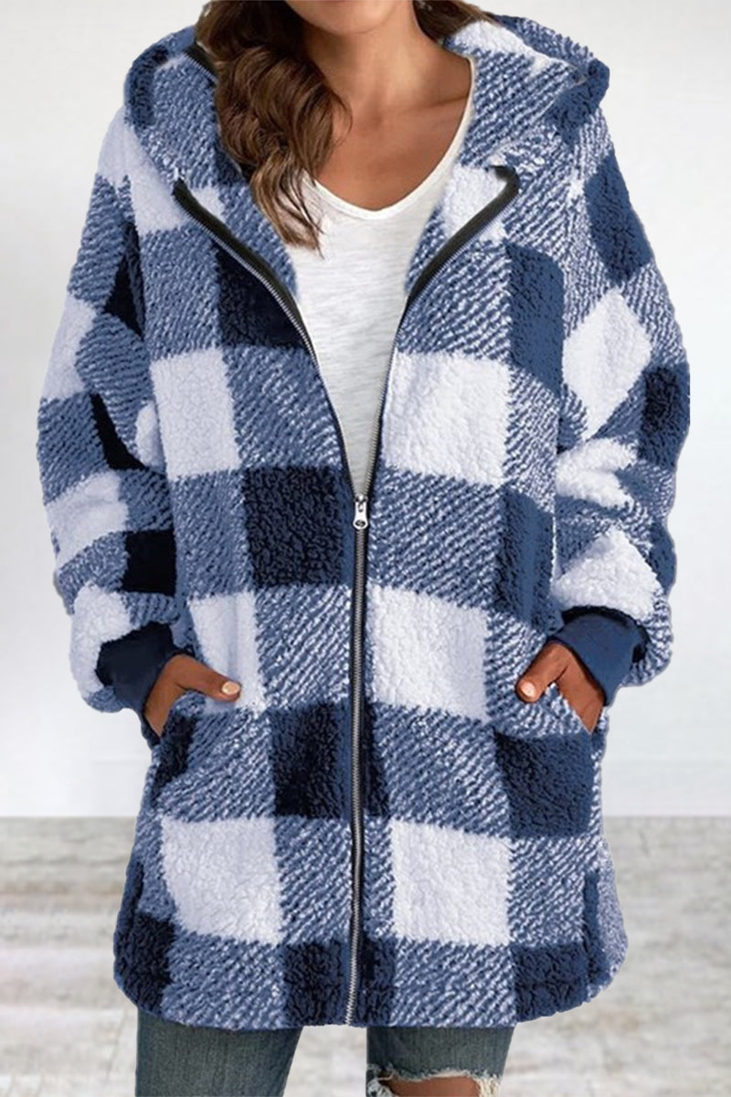 Casual Plaid Frenulum Contrast Zipper Hooded Collar Outerwear Blue