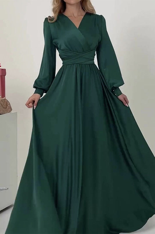 Elegant Solid Fold V Neck A Line Dresses Ink Green