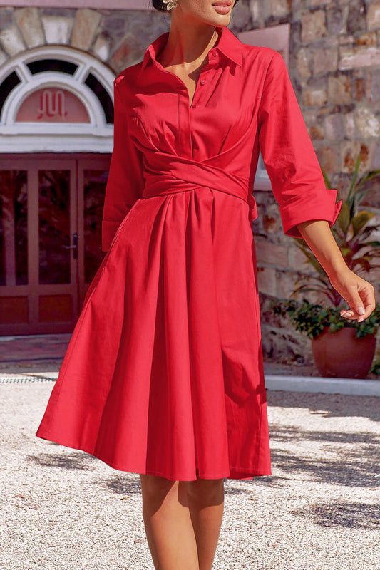 Elegant Solid Bandage Pocket Buttons Turndown Collar Shirt Dress Dresses Red