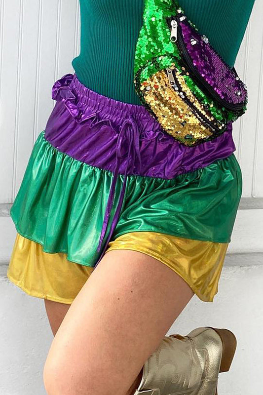 Sexy Color Block Contrast High Waist Type A Patchwork Bottoms Purple Green