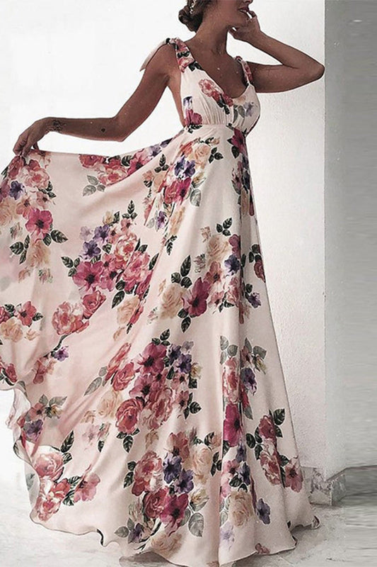 Elegant Floral Backless V Neck Printed Dress Dresses(3 Colors) White