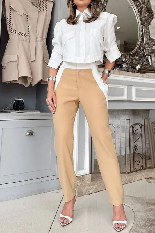 Casual British Style Color Block Pocket Contrast Turndown Collar Long Sleeve Two Pieces White