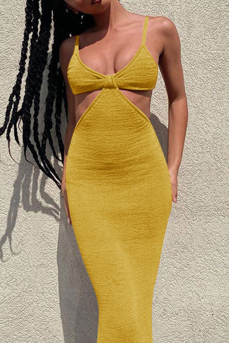 Sexy Vacation Solid Backless V Neck Wrapped Skirt Dresses Yellow