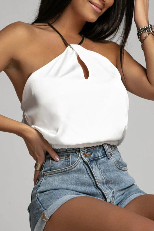 Sexy Solid Backless Halter Tops White