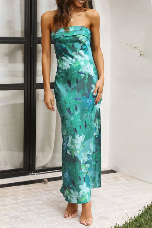 Celebrities Elegant Floral Backless Strapless Printed Dress Dresses Green