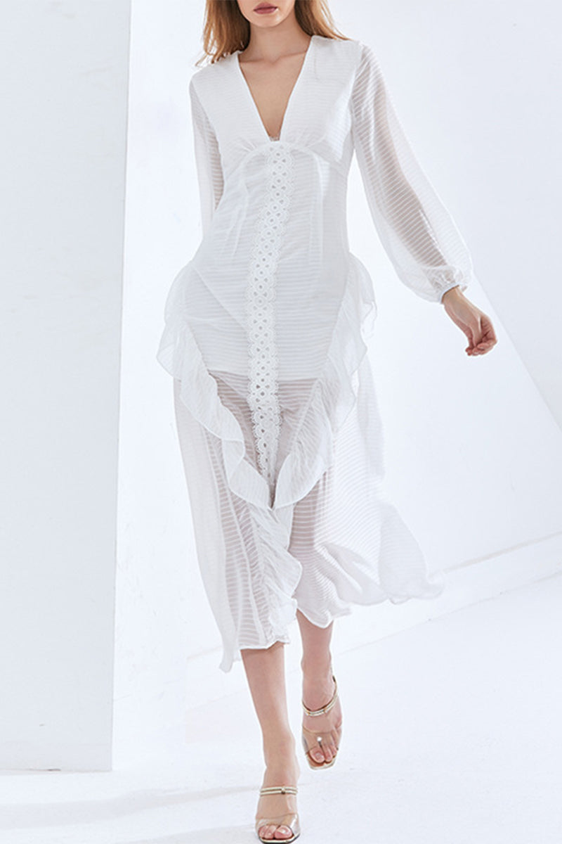 Sweet Vacation Solid See-through Flounce V Neck Beach Dress Dresses White