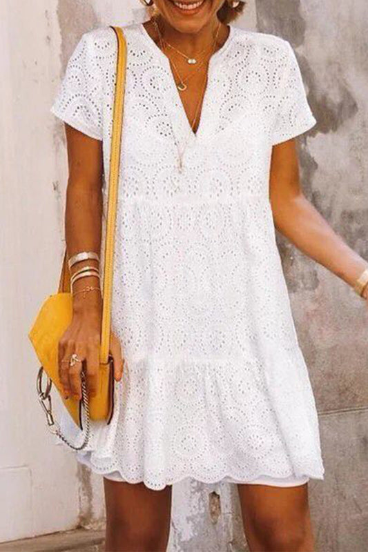 Sweet Simplicity Solid Hollowed Out V Neck A Line Dresses White