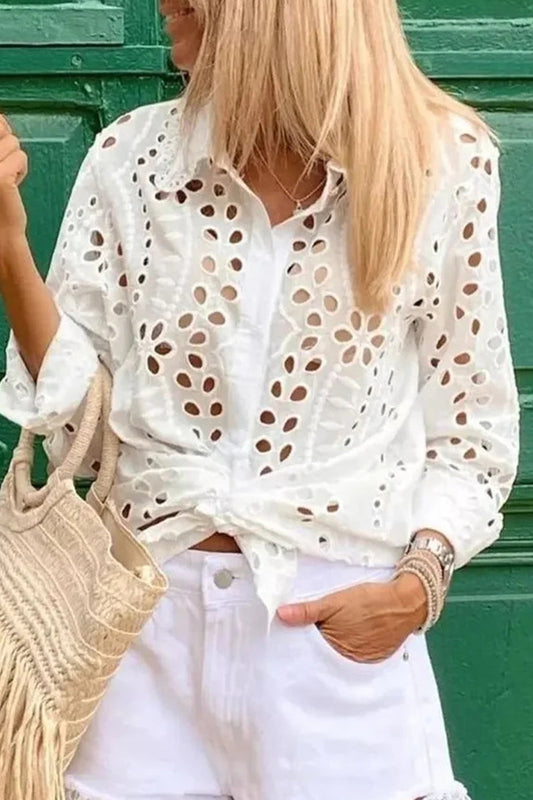 Casual Solid Hollowed Out Turndown Collar Blouses White