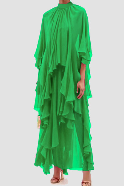 Casual Vacation Solid Flounce Mandarin Collar Beach Dress Dresses Green