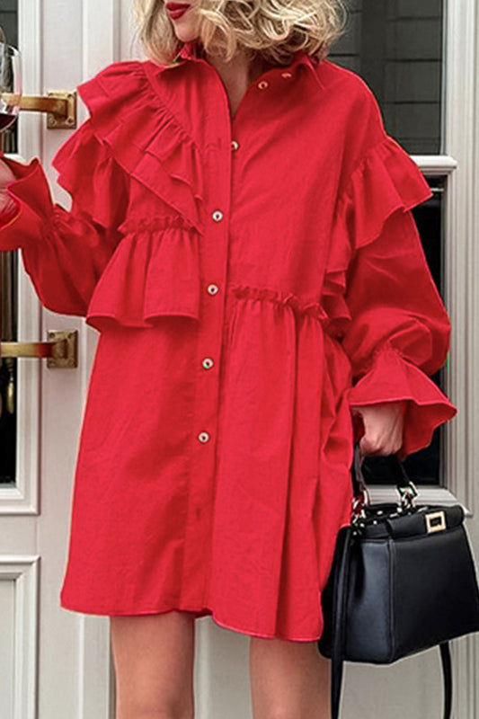 Elegant Solid Flounce Asymmetrical Turndown Collar Shirt Dress Dresses Red