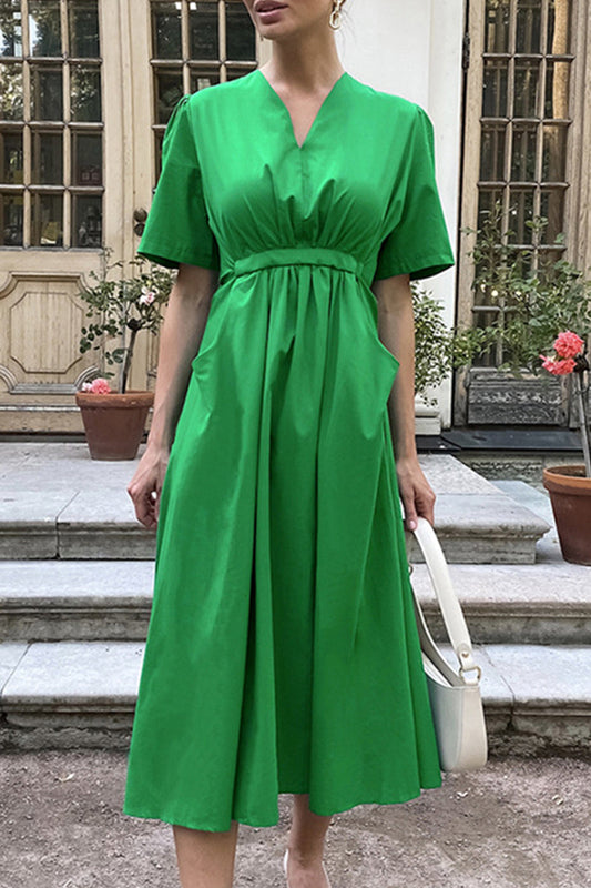 Casual Solid Draw String Pocket V Neck A Line Dresses Green