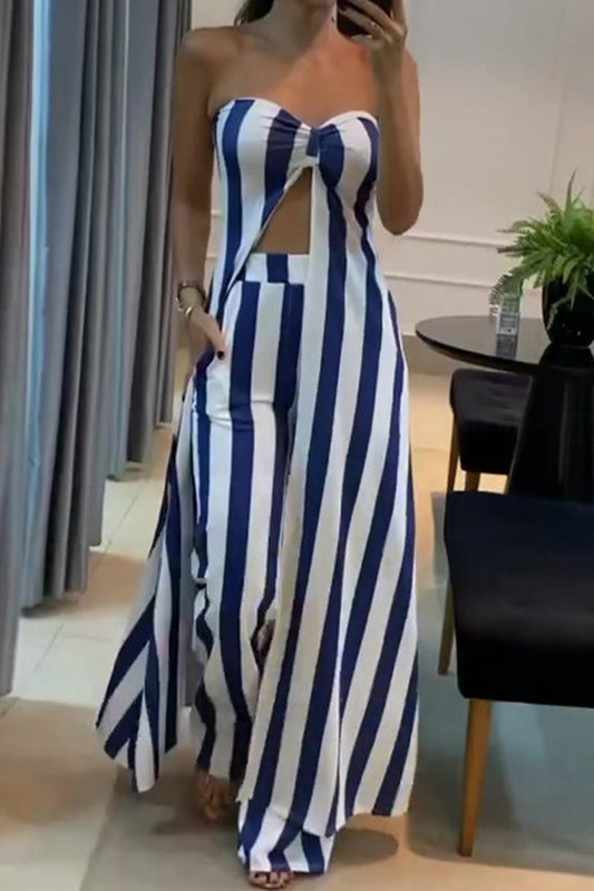 Sexy Striped Pocket Slit Strapless Sleeveless Two Pieces Blue