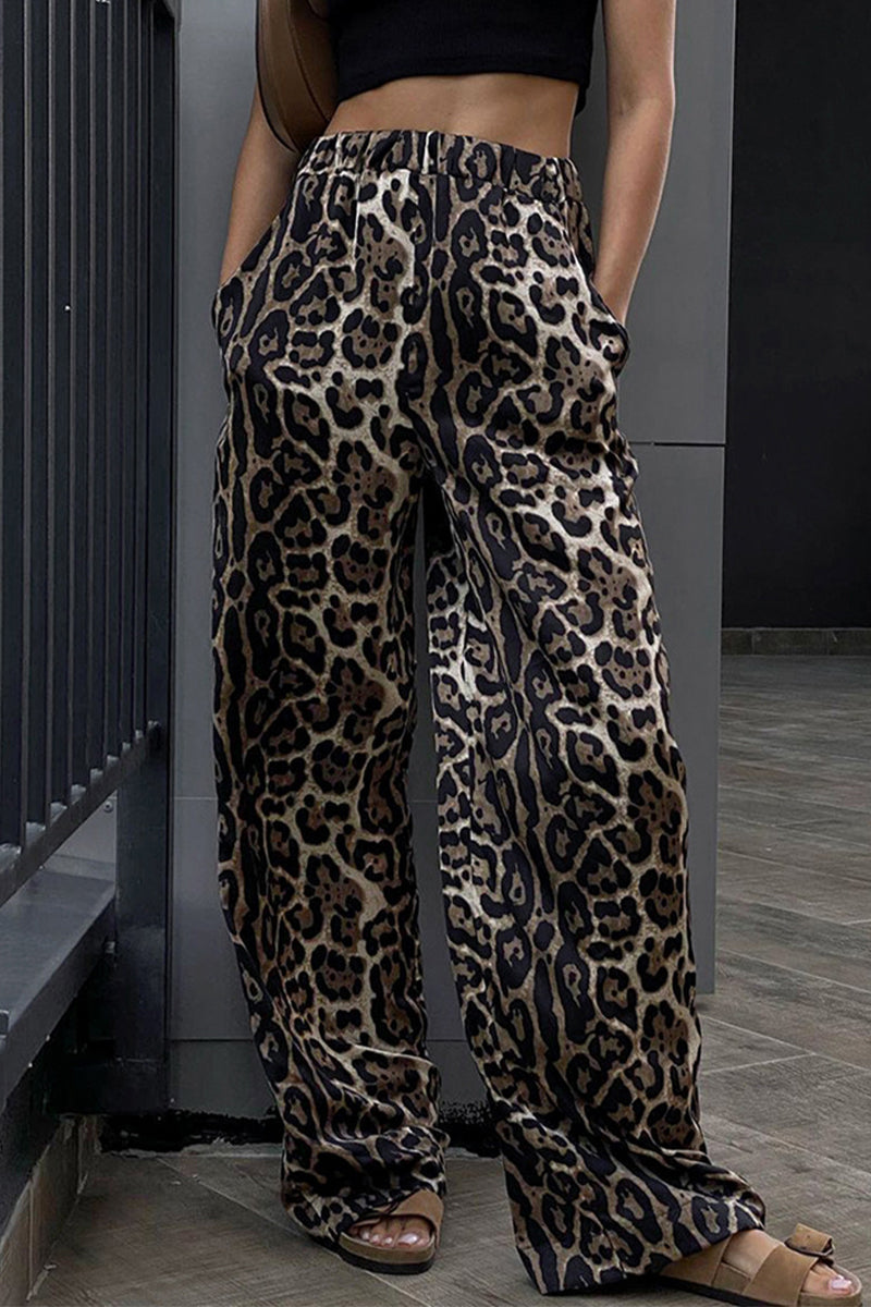 Casual Print Leopard Pocket Loose High Waist Wide Leg Full Print Bottoms Leopard Print